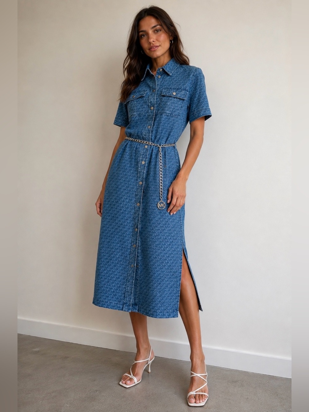 Michael Kors Blue Denim Shirt Midi Dress with Chain Belt